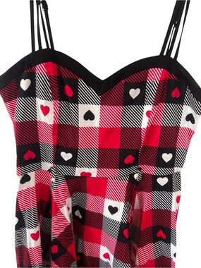 Collectif Retro Red Plaid Heart-Print Dress Fit & Flare Size 14